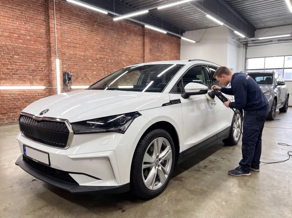 Illustrasjon: Skoda Enyaq poleres før lakkforsegling i et bilpleieverksted