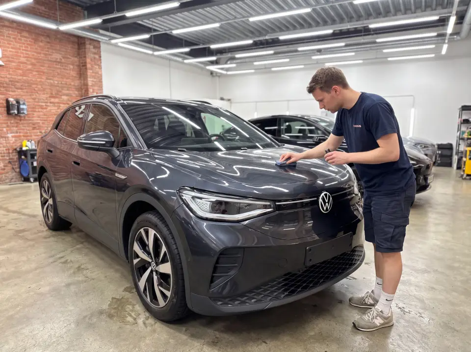 Illustrasjon: Volkswagen ID.4 får lakkforsegling i et bilpleieverksted